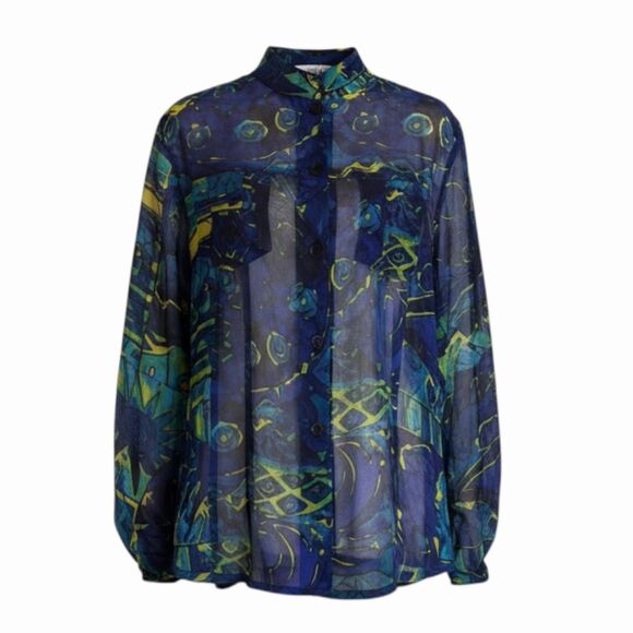 Chico's Tops - Chicos Silk Blouse Top Shirt Sheer Button Front Geometric Blue 1 US M 8